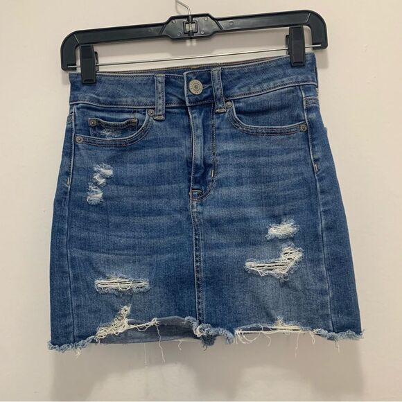 American Eagle Distressed Hi Rise Mini Super Stretch Skirt Size 00 - Picture 1 of 8